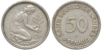 ФРГ 50 пфеннигов 1949 D KM 104, J. 379 медно-никель 4132-627