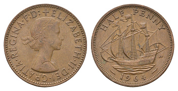 Великобритания 1/2 пенни 1964 Елизавета II (1952-2022) KM 896, Spink 4158 бронза 4662-1222