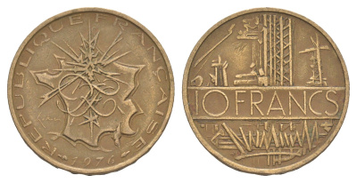 Франция 10 франков 1976 KM 940 медь алюминий никель 4543-714