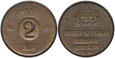 Швеция 2 эре 1953 TS, Густав VI Адольф (1950-1973) KM 821 бронза 202-631