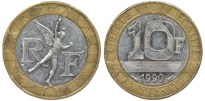 Франция 10 франков 1990 тип Гений Бастилии KM 964.1, Le Frank 375.5 биметалл 45-821