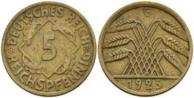 Германия 5 рейхспфеннигов 1925 G J.316, KM 39 алюминиевая бронза    4598-1163