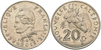 Французская Новая Каледония 20 франков 2013 три быка, (IEOM) KM 12a, Schoen 14a, Lec 115j медно-никель 84-1134