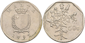 Мальта 50 центов 1991 девясил KM 98 медно-никель 4574-424