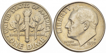 США 10 ЦЕНТОВ = 1 ДАЙМ 1990 P, РУЗВЕЛЬТ KM 195a медь плакированная медно-никелем 214-715