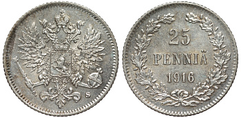 Россия для Финляндии 25 пенни 1916 S, Николай II (1894-1917) KM 6.2, Биткин 421 серебро 75-1319
