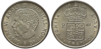 Швеция 2 кроны 1954 TS, Густав VI Адольф (1950-1973) KM 827 серебро 221-543