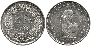ШВЕЙЦАРИЯ 1/2 ФРАНКА 1983 KM 23а.3 медно-никель 4528-564