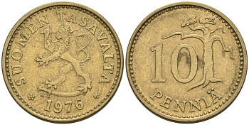 ФИНЛЯНДИЯ 10 ПЕННИ 1976 K KM 46 алюминиевая бронза 192-1041