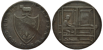 ИРЛАНДИЯ 1/2 ПЕННИ 1792 LANCASHIRE ТОКЕН ROCHDALE, ПУСТЬ ПРОЦВЕТАЮТ РЕМЕСЛА , ТКАЧ медь 441-225