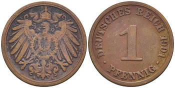 ГЕРМАНИЯ 1 ПФЕННИГ 1901 A KM 10, J. 10, Weege 2 медь 211-257