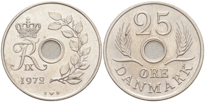 ДАНИЯ 25 ЭРЕ 1972 S; S, ФРЕДЕРИК IX (1947-1972) KM 855.2 медно-никель UNC 106-233