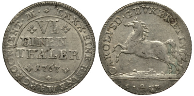 Брауншвейг-Вольфенбюттель 1/6 талера 1767 IDB, вес 5,18 гр. КМ 971 серебро 413-1913