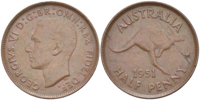 Австралия 1/2 пенни 1951 p, Георг VI (1936-1952), кенгуру, с точкой KM 42 бронза 4514-833