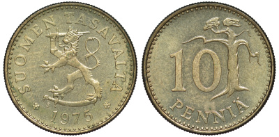 ФИНЛЯНДИЯ 10 ПЕННИ 1975 S KM 46 алюминиевая бронза 3334-1132