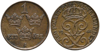 Швеция 1 эре 1941 Густав V (1907-1950) KM 777.2 бронза 201-1139