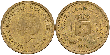 Нидерландские Антилы 1 гульден 1991 Беатрикс (1980-2013) KM 37 позолоченная сталь 25-1245