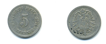 ГЕРМАНИЯ 5 ПФЕННИГОВ 1876 А, СТАРОГЕРБОВКА KM 3, J.3 медно-никель 80-754