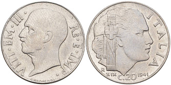 ИТАЛИЯ 20 ЧЕНТЕЗИМО 1941 R, ГОД XIX, ВИКТОР ЭММАНУИЛ III (1900-1946) KM 75b, VEM3. 1028 нержавеющая сталь 3853-952
