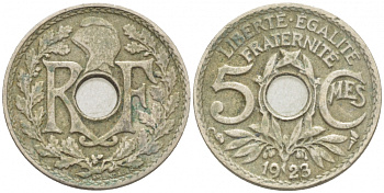 ФРАНЦИЯ 5 САНТИМОВ 1923 ТИП ЛИНДАЙЁ KM 875, LE FRANC 122.6 медно-никель 3309-1012