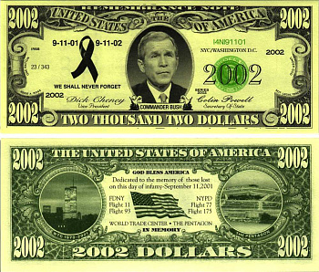 США 2002 ДОЛЛАРА 2002 СУВЕНИРНАЯ БАНКНОТА, ПЕРВАЯ ГОДОВЩИНА ТРАГЕДИИ 11 СЕНТЯБРЯ, БАШНИ БЛИЗНЕЦЫ И ПЕНТАГОН, ГЛАВНОКОМАНДУЮЩИЙ ДЖОРДЖ БУШ МЛАДШИЙ бумага UNC (ПРЕСС) 7198-37-1-2