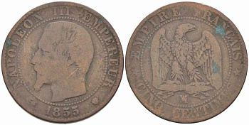 ФРАНЦИЯ 5 САНТИМОВ 1855 MA, НАПОЛЕОН III (1852-1870) KM 777.6, LE FRANC 116.27 бронза 108-333
