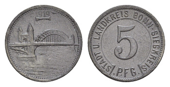 Бонн и Зигкрайс 5 пфеннигов 1919 Funck 52.5, Men05 3225.1, Men18 4140.1 цинк 4636-1044