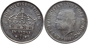 Швеция 1 крона 2002 Карл XVI Густав (1973- ) KM 894 медно-никель 4110-931