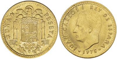ИСПАНИЯ 1 ПЕСЕТА 1975 (77) ХУАН КАРЛОС I ( 1975-) KM 806 алюминиевая бронза UNC 216-416