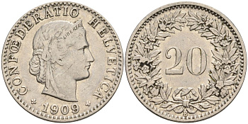 Швейцария 20 раппенов 1909 B KM 29 никель 4606-743