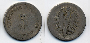 ГЕРМАНИЯ 5 ПФЕННИГОВ 1875 A, СТАРОГЕРБОВКА KM 3, J.3 медно-никель 45-1243