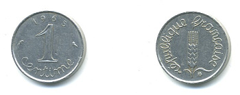 ФРАНЦИЯ 1 САНТИМ 1965 KM 928 хромированная сталь 84-1518