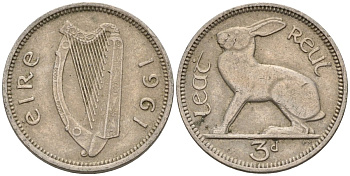 Ирландия 3 пенса 1961 заяц KM 12a медно-никель 4596-1066
