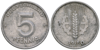 ГДР 5 пфеннигов 1950 А алюминий 4651-1131