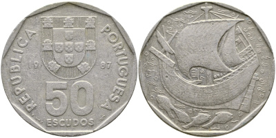 ПОРТУГАЛИЯ 50 ЭСКУДО 1987 KM 636 медно-никель 1524-835