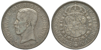Швеция 2 кроны 1922 W, Густав V (1907-1950) KM 787 серебро 413-6322
