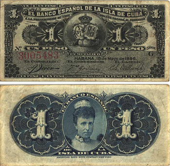 Куба 1 песо 1896 серия G, королева регент Мария Кристина, Испанский банк для Кубы Pick 47a  бумага   8614-18-3-2