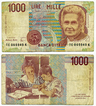 Италия 1000 лир 1990 Мария Монтессори Pick 114c 8564-3-3-1