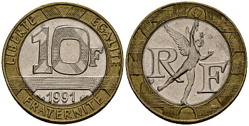 Франция 10 франков 1991 тип Гений Бастилии KM 964.1, Le Frank 375.6 биметалл 4138-336