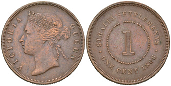 Стрейтс Сетлментс 1 цент 1888 Виктория (1837-1901), Ост-Индская компания KM 16 бронза 4616-257