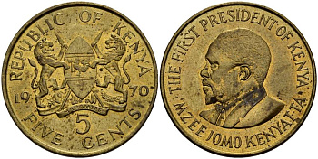 Кения 5 центов 1970 Джомо Кениата KM 10 никель латунь XF-UNC 4511-1135