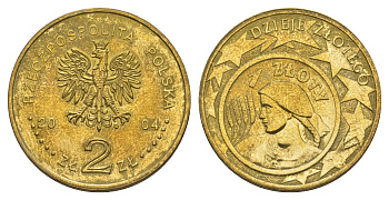 Польша 2 злотых 2004 История польского злотого - голова девушки на 1 злотом 1924 года Y 479 латунь 4646-1033