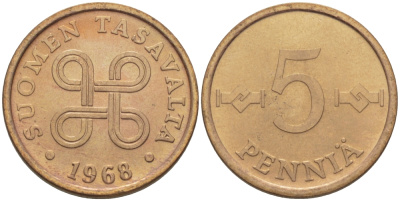 ФИНЛЯНДИЯ 5 ПЕННИ 1968 KM 45 медь 100-161