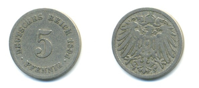 ГЕРМАНИЯ 5 ПФЕННИГОВ 1894 J, KM 11, J. 12 медно-никель 4379-369