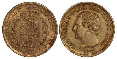 Сардиния 80 лир 1828 Карл Феликс (1821-1831) KM 108 золото 10-009-14
