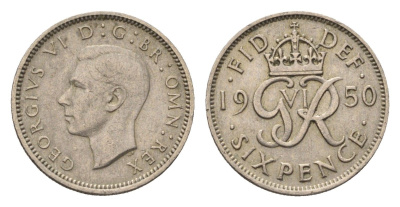 Великобритания 6 пенсов 1950 Георг VI (1936-1952) KM 875, Spink 4110 медно-никель 4696-816
