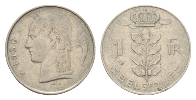 Бельгия 1 франк 1950 Belgique, Леопольд III (1934-1951) KM 134 медно-никель 4616-834
