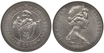 Остров Мэн 1 крона 1980 200 лет дерби, ипподромные скачки KM 63 медно-никель UNC 01-164-35