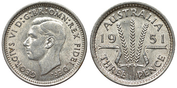 Австралия 3 пенса 1951 PL, Георг VI (1937-1952) KM 44 серебро 71-156