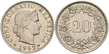 Швейцария 20 раппенов 1962 B KM 29a медно-никель 4606-755